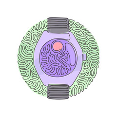 Poster - Single one line drawing luxury steel watch with black fabric strap. Classic silver men wrist watch with metallic watchband. Swirl curl circle background style. Continuous line draw design graphic