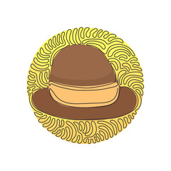 Poster - single one line drawing fedora hat, side view, with tan leather band. wool, felt fabric. men head ac