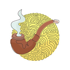 Poster - Single continuous line drawing smoking pipe with smoke. Tobacco pipe isolated. Tube for smoking tobacco. Swirl curl circle background style. Dynamic one line draw graphic design vector illustration