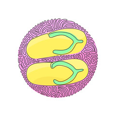 Poster - Continuous one line drawing flip flops icon. Cute and colorful summer flip flops for beach holiday designs. Swirl curl circle background style. Single line draw design vector graphic illustration