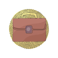 Poster - Single one line drawing Male office briefcase. Business symbol. Briefcase with lock icon. Handbag and suitcase. Swirl curl circle background style. Continuous line design graphic vector illustration