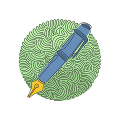 Poster - Continuous one line drawing pen, write icon. Line and glyph version, Signature pen outline and filled vector sign. Swirl curl circle background style. Single line design vector graphic illustration