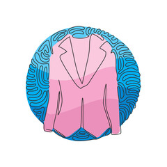 Poster - Continuous one line drawing women blazer or jacket. Basic clothes in business style. Dress-coat. Business attire. Swirl curl circle background style. Single line design vector graphic illustration