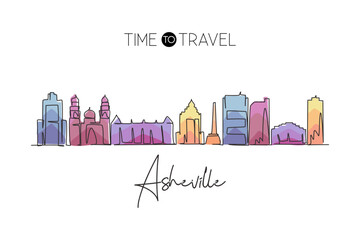 Poster - single one line drawing asheville city skyline, north carolina. world historical town landscape. bes