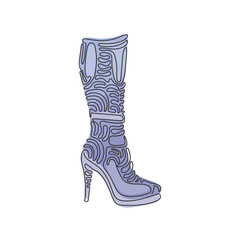 Poster - Single one line drawing fashionable women's boots. Autumn and winter female footwear. Knee high boots. Swirl curl style concept. Modern continuous line draw design graphic vector illustration