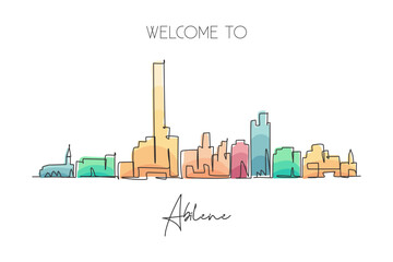 Single continuous line drawing Abilene city skyline, Texas. Famous city scraper landscape. World travel home wall decor art poster print concept. Modern one line draw design vector illustration