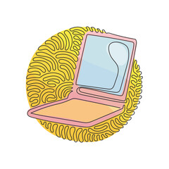Poster - Continuous one line drawing little mirror. Beauty pocket makeup mini mirror. Hand holding cosmetic mirror. Swirl curl circle background style. Single line draw design vector graphic illustration