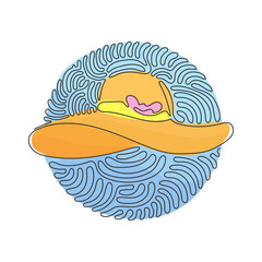 Poster - Single continuous line drawing ladies or women's hat icon. Fashion. Lady or women's beach hat. Elements of beach holidays. Swirl curl circle background style. One line draw graphic design vector