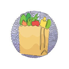 Poster - Single continuous line drawing grocery bag with vegetables. Paper package with produce. Paper bag in swirl curl circle background style. Dynamic one line draw graphic design vector illustration