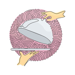 Poster - Single continuous line drawing open tray cloche in hand. Restaurant plate in elegant waiter hand. Food serving tray. Swirl curl circle style. Dynamic one line draw graphic design vector illustration