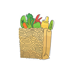 Poster - continuous one line drawing grocery bag with vegetables. paper package with agricultural products an
