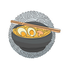 Wall Mural - Single one line drawing Japanese food ramen noodles with various toppings in bowl. Traditional Asian noodle soup. Swirl curl circle background style. Modern continuous line draw design graphic vector