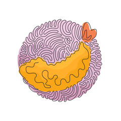Poster - Continuous one line drawing tempura shrimp fried Japanese food ebifurai. Delicious cooked prawns for lunch. Swirl curl circle background style. Single line draw design vector graphic illustration