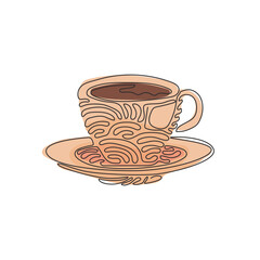 Poster - Single continuous line drawing coffee cup for latte, espresso, cappuccino. Hot coffee ready to drink for breakfast in the morning. Swirl curl style. One line draw graphic design vector illustration
