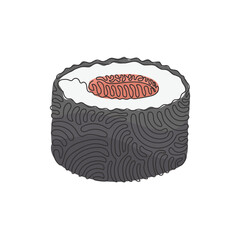 Poster - Single continuous line drawing sushi roll with salmon or tuna slice. Traditional Japanese meal. Menu in Japanese restaurant. Swirl curl style. Dynamic one line draw graphic design vector illustration