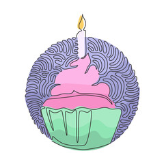 Poster - Single one line drawing yummy cupcake with candle. Sweet tasty cake. Delicious dessert for dinner. Swirl curl circle background style. Modern continuous line draw design graphic vector illustration