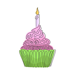 Poster - Continuous one line drawing yummy cupcake with candle. Sweet tasty cake. Delicious dessert for dinner. Snack in birthday party. Swirl curl style. Single line draw design vector graphic illustration