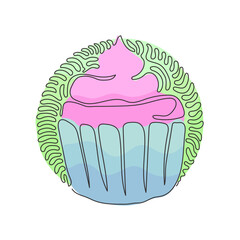 Poster - Single one line drawing yummy cupcake. Sweet tasty cake. Delicious dessert for dinner in restaurant. Swirl curl circle background style. Modern continuous line draw design graphic vector illustration