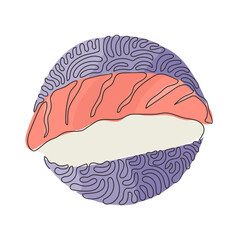 Poster - Single continuous line drawing traditional Japanese sushi, raw tuna or maguro rice ball. Menu in Japanese restaurant. Swirl curl circle background style. Dynamic one line draw graphic design vector