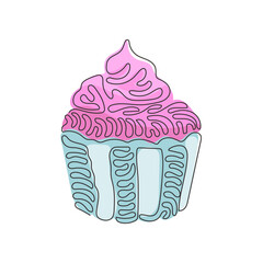 Poster - Continuous one line drawing yummy cupcake. Sweet tasty cake. Delicious dessert for dinner in restaurant. Snack in birthday party. Swirl curl style. Single line draw design vector graphic illustration