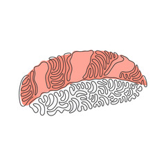 Poster - Single one line drawing traditional Japanese sushi, raw tuna slice or maguro rice ball. Menu in Japanese restaurant. Swirl curl style. Modern continuous line draw design graphic vector illustration