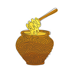 Poster - Continuous one line drawing glass pot full of honey and wooden honey dipper. Healthy food supplement for human body. Swirl curl style. Single line draw design vector graphic illustration