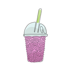 Poster - Single continuous line drawing cute Boba bubble milk tea. Delicious pearl milk tea in plastic cups with straw. Popular drink. Swirl curl style. Dynamic one line draw graphic design vector illustration