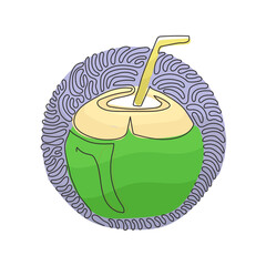 Poster - continuous one line drawing green coconut water drink with drinking straw. summer dessert food and d