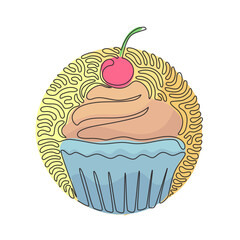 Poster - Single one line drawing yummy cupcake with cherry. Sweet tasty cake. Delicious dessert for dinner. Swirl curl circle background style. Modern continuous line draw design graphic vector illustration