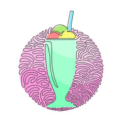 Poster - Single continuous line drawing delicious milkshakes in glasses with straws. Sweet cold tasty beverages. Swirl curl circle background style. Dynamic one line draw graphic design vector illustration