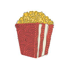 Poster - Single continuous line drawing striped box container with delicious popcorn. Takeaway fast food. Restaurant junk food menu. Swirl curl style. Dynamic one line draw graphic design vector illustration