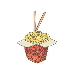 Wall Mural - Single continuous line drawing noodle in box. Asian ramen oriental, traditional Chinese restaurant with pasta and chopsticks. Swirl curl style. Dynamic one line draw graphic design vector illustration