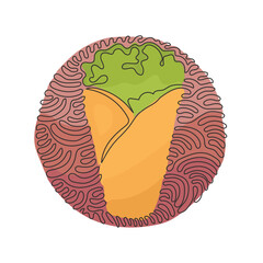 Poster - Single one line drawing shawarma or chicken wrap. Turkish fast food with meat and vegetables. Meal on grill of shawarma. Swirl curl circle background style. Continuous line draw design graphic vector
