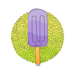 Poster - Single continuous line drawing frozen popsicle on stick. Tasty ice cream for dessert. Cold summer snack. Swirl curl circle background style. Dynamic one line draw graphic design vector illustration