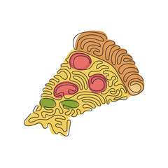 Poster - Continuous one line drawing slice of pizza with tomatoes, lettuce, sausage, cheese. Street food concept. Template for restaurants. Swirl curl style. Single line draw design vector graphic illustration