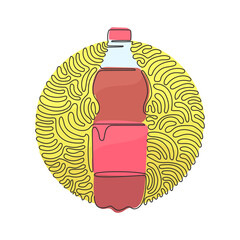 Poster - Continuous one line drawing soft drink in bottle plastic. Cold soda for refreshing feeling. Drink to quench thirst. Swirl curl circle background style. Single line design vector graphic illustration
