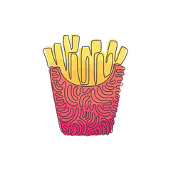 Wall Mural - Single one line drawing French fries in paper box package, isolated. Fried potato snacks. Fast food retro artwork. Swirl curl style. Modern continuous line draw design graphic vector illustration