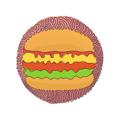 Poster - Single one line drawing hamburger, cheeseburger. Bun with cutlet, cheese, lettuce, tomato. Street fast food. Swirl curl circle background style. Continuous line draw design graphic vector illustration