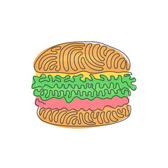 Poster - Single one line drawing hamburger, cheeseburger. Bun with cutlet, cheese, lettuce, tomato. American Street fast food. Swirl curl style. Modern continuous line draw design graphic vector illustration