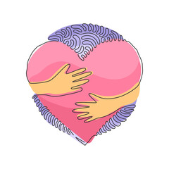 Poster - single one line drawing embrace heart shape design vector template. embracing icon or logo for healt