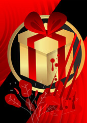 Poster - Luxury deluxe red, gold gift box background. Christmas, Birthday, Valentine's Day, Anniversary illustration. Holiday event poster template.