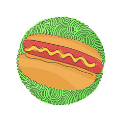 Wall Mural - Single one line drawing delicious hot dog. Minimal style. Perfect for cards, posters, stickers. Food concept. Swirl curl circle background style. Continuous line design graphic vector illustration