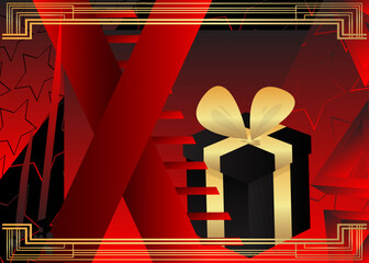 Poster - Luxury deluxe red, gold gift box background. Christmas, Birthday, Valentine's Day, Anniversary illustration. Holiday event poster template.