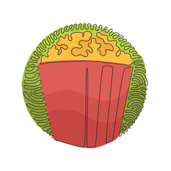 Poster - Single continuous line drawing box container with delicious popcorn. Takeaway fast food. Junk food menu. Swirl curl circle background style. Dynamic one line draw graphic design vector illustration