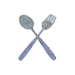 Poster - Single continuous line drawing crossed spoon and fork icon. Restaurant symbol. Cutlery simple flat design. Swirl curl style on white background. One line draw graphic design vector illustration