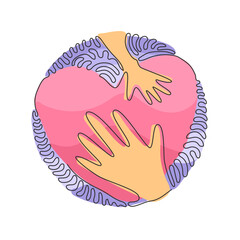 Poster - Single continuous line drawing hand touching heart, shape template. Hand touch heart for protect nature symbol. Swirl curl circle background style. Dynamic one line graphic design vector illustration