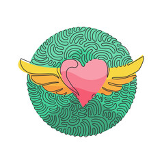 Poster - Single one line drawing heart with open wings holiday romantic decoration logo vector image. Swirl curl circle background style. Modern continuous line draw design graphic vector illustration