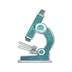 Poster - Single one line drawing microscope icon. Virus medical research test. Hospital professional lab. Chemical laboratory. Swirl curl style. Modern continuous line draw design graphic vector illustration