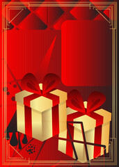 Poster - Luxury deluxe red, gold gift box background. Christmas, Birthday, Valentine's Day, Anniversary illustration. Holiday event poster template.