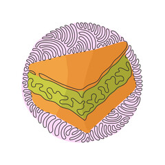 Poster - Single one line drawing of delicious juicy sandwiches filled with vegetables, cheese, meat, cutlet. Swirl curl circle background style. Modern continuous line draw design graphic vector illustration